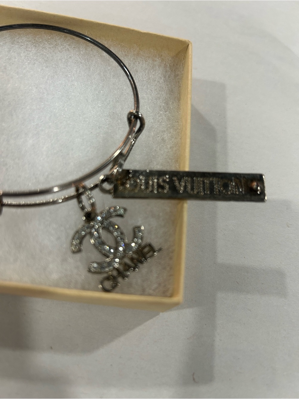 Silver-Tone Designer Logo Charm Bangle Bracelet